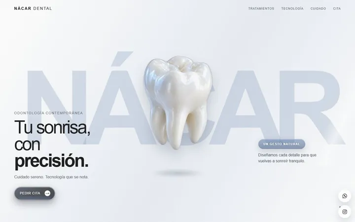 Portada de NÁCAR Dental, con un diente en 3D y el texto Tu sonrisa, con precisión