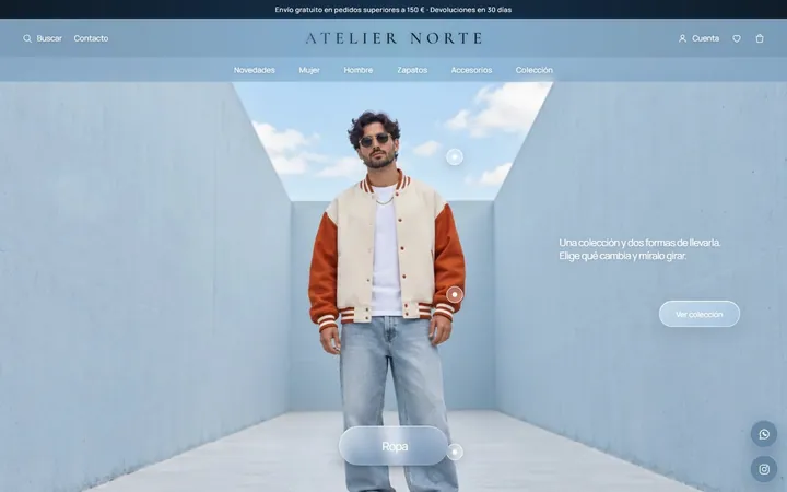 Portada de ATELIER NORTE, con un modelo con cazadora sobre fondo azul